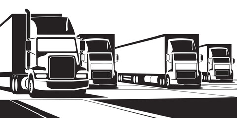 Minimalist black and white vector illustration of multiple semi-trucks in perspective silhouette vector illustration white background