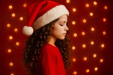 Young girl in Santa hat standing on festive red background with golden bokeh lights, Christmas holiday portrait