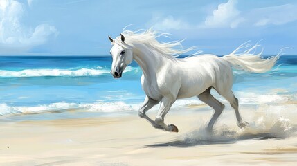 White horse runs on sandy beach near sea under blue sky, use for animal stock