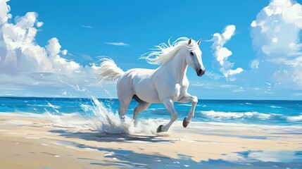 White horse running on beach with blue sea and sky, a scenic summer background