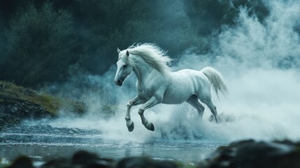 White horse gallops through foggy water in a forest, possibly for fantasy use