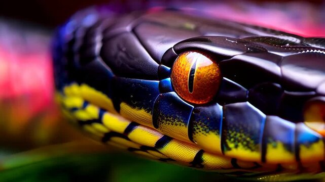 This captivating close-up showcases a vibrant snake with striking colors and intricate patterns, highlighting the beauty of wildlife and nature's diversity.