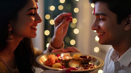 Sister Applying Tilak or Tika on Brother Forehead During Bhai Dooj Festival after Diwali
