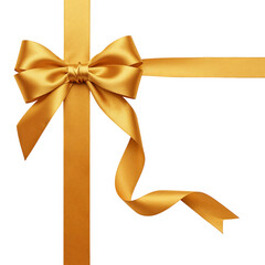 Fototapeta premium Elegant golden ribbon bow tied with satin silk for festive gift wrapping and special occasion decoration isolated on transparent background