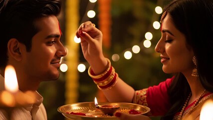 Sister Applying Tilak or Tika on Brother Forehead During Bhai Dooj Festival after Diwali