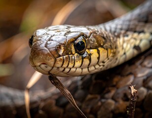 Fototapeta premium Close-up of a snake's head with detailed scales and eyes amidst natural foliage