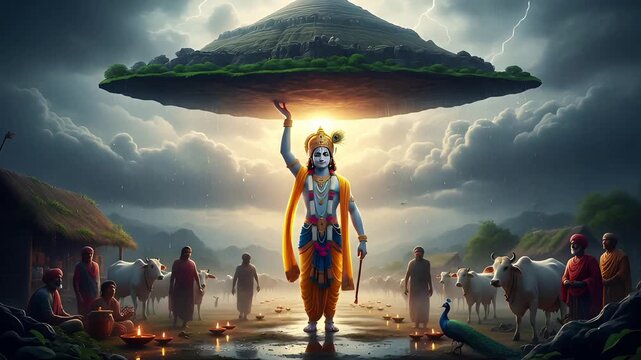Divine Krishna Lifts Goverdhan Parvat on His Finger