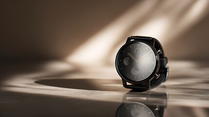 A modern black wristwatch rests on a reflective surface with soft light.