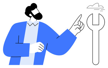 Bearded man in blue outfit gestures towards a towering wrench with a small cloud hovering above. Ideal for innovation, creativity, problem-solving, repair, maintenance, guidance, futuristic concepts