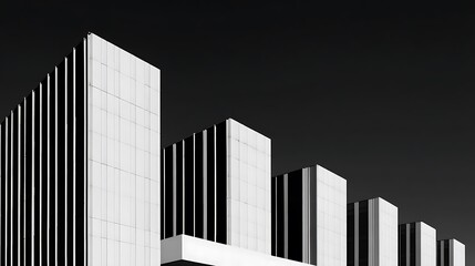 A dramatic black and white photograph presents a row of tall, modern buildings with strong vertical lines against a dark sky, highlighting the architectural grandeur and urban landscape
