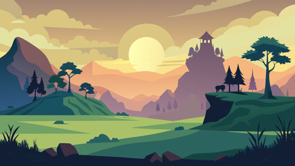 Fototapeta premium Fantasy castle on a cliff overlooking a serene valley at sunset