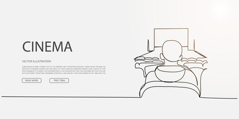 Web interface concept with person watching a movie on big screen, linear homepage for cinema or video platforms
