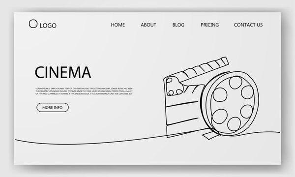 Minimalist web homepage design with film clapperboard and reel, vector layout for cinema-themed websites