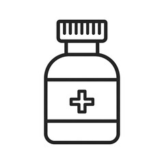 Fototapeta premium Vector illustration of a prescription bottle with a lid, medical symbol, and a label for medication. Simple outline style