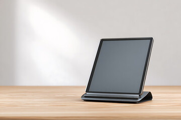 Fototapeta premium Modern tablet device on a clean wooden desk, perfect for showcasing digital content, presentations, or remote work setups.