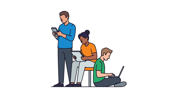 diverse team using technology man using smartphone woman with tablet student using laptop for remote learning illustrating digital lifestyle
