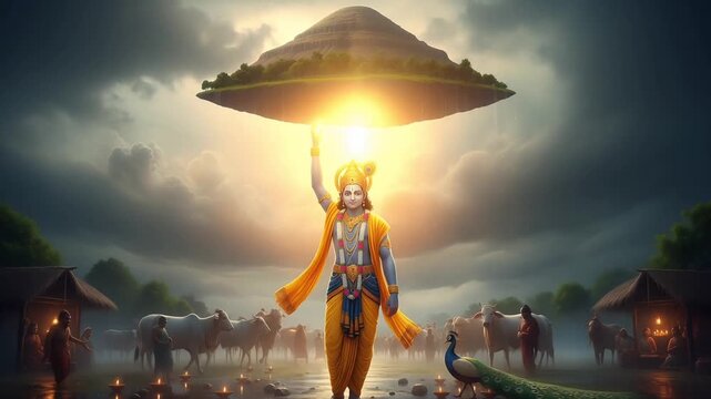 Divine Krishna Lifts Goverdhan Parvat During Storm, Guiding Cows and Followers