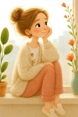 Young woman daydreaming at window, enjoying cozy morning, thinking about future life goals, staying home feeling comfort