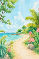 Tropical beach path leading to the turquoise ocean, lush green palm trees and vibrant flowers, watercolor art piece