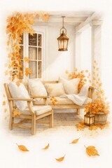 Cozy autumn porch scene with wooden furniture, warm pillows, fallen leaves, and decorative lanterns, watercolor style creating a peaceful outdoor ambiance