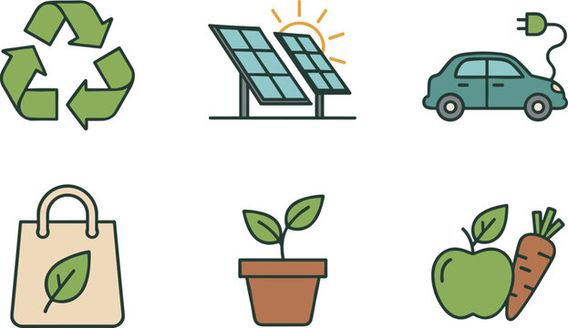 Sustainable living icons, eco-friendly concepts, renewable energy, electric vehicle, recycling, organic food, nature, plant, green future, environmental conservation.