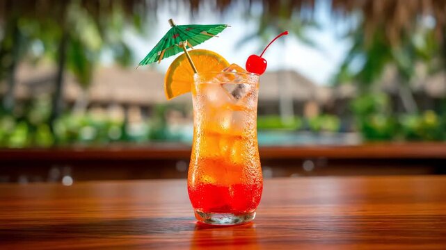 Refreshing Tropical Cocktail with Cherry and Umbrella Decoration