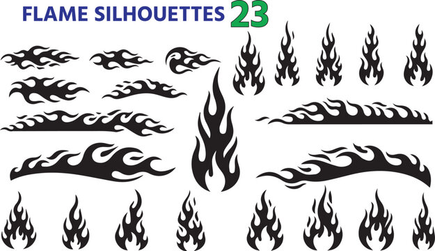 Collection of black flame silhouettes and tribal fire designs on a white background