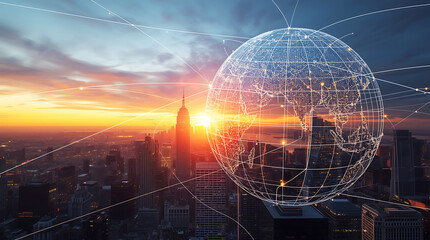 Global digital network connectivity over cityscape at sunset with glowing orb