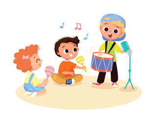 Children, kids play musical instruments together, music class. Young students learn, play, practice music. Сhildren’s band rehearses & studies ethnic songs, melodies.Kids are learning rhythm and notes