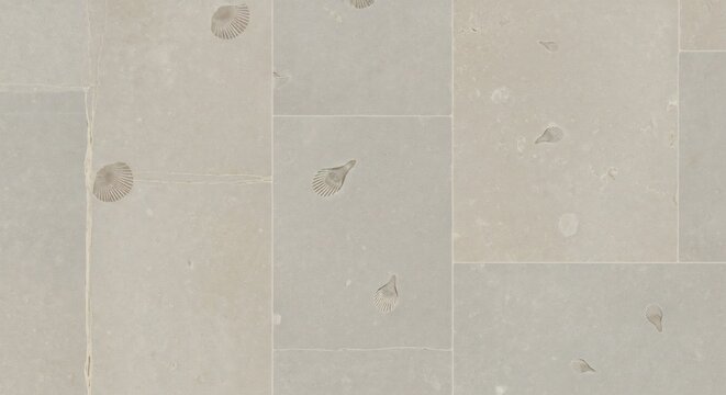 Pale stone tiles arranged in a pattern some with embedded fossilized seashell imprints