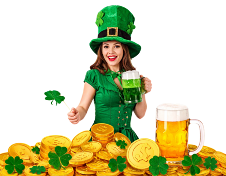 St. Patrick’s Day Celebration Kit – Leprechaun Hat, Coins, Clover & Beer PNG