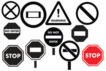 Collection of various traffic and warning signs including stop signs no entry signs and caution signs