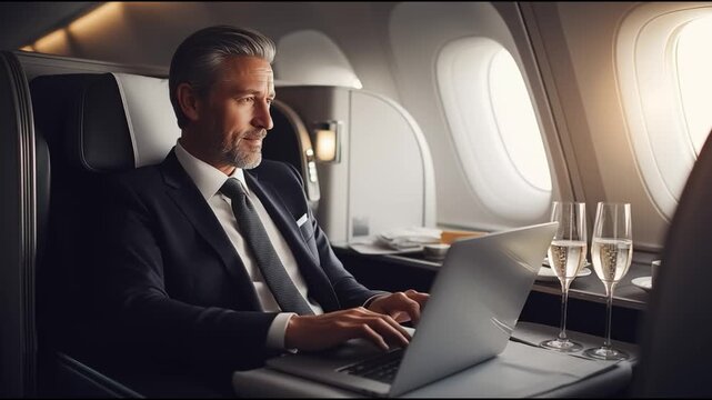 A businessman working on his laptop while flying first class, enjoying a glass of champagne with a serene view out the window.