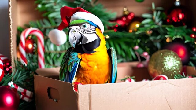 A vibrant parrot wearing a Christmas hat posits cheerfully amid festive decorations. This colorful bird enhances the holiday spirit with bright colors and charm.