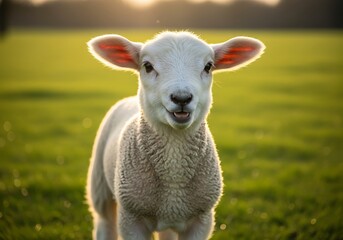 Fototapeta premium A cute white lamb stands in a green field, backlit by the sun, looking directly at the camera with a gentle expression.
