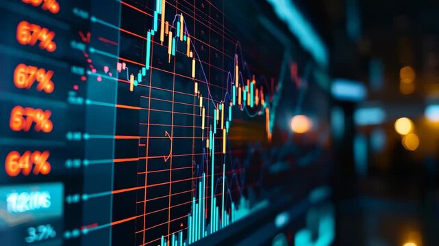 An immersive view of financial data displayed on a digital screen, showcasing various chart patterns and statistics related to stock market trading and investment performance.