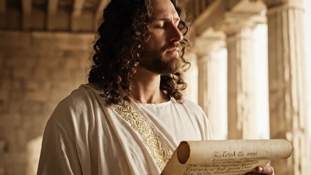 Man Holding Ancient Scroll in Historical Setting with Soft Lighting