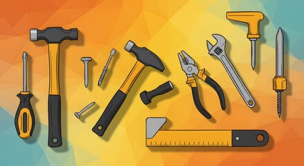 Collection of various hand tools with yellow and black handles, arranged on a geometric background