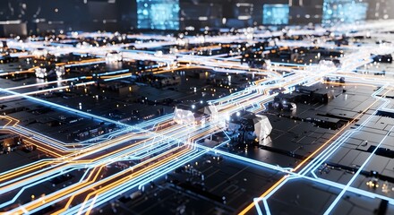 Flowing Circuitry Electric Lines on Dark Tech Surface in 4K