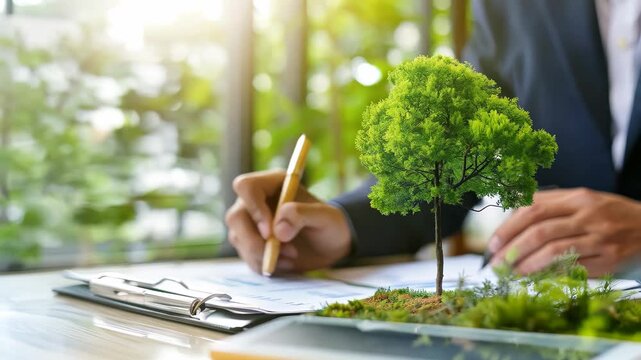 A business professional writes on a document at a desk, featuring a small tree model symbolizing growth and sustainability, blending nature with innovative ideas.