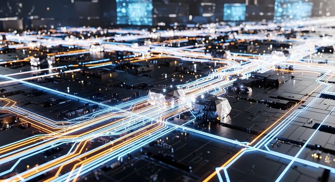 Flowing Circuitry Electric Lines on Dark Tech Surface in 4K