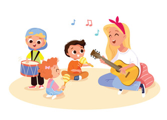 Music teacher leads a music class for toddlers. The mother plays guitar and sing song for her children. Children and caregiver spend quality time together. First Notes: Little Musicians Primary Class.