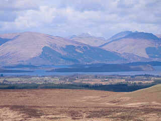 Cloudy sky view of the Arrochar hills from Queen's View on the A809 road between Milngavie and Drymen north of Glasgow, Scotland. OS map ref  NS 511 808.
