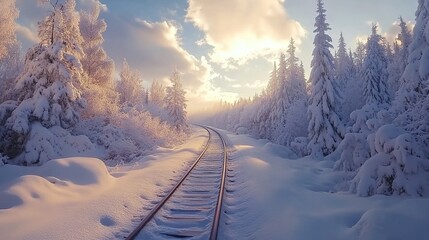 A lone railway track cutting through a snow-covered forest, the steel rails shimmering under soft winter sunlight with clouds above. 