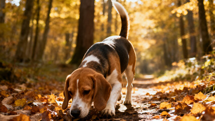 Beagle Tracking a Scent on an Autumn Forest Floor