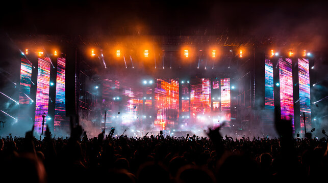 Enthusiastic crowd enjoying vibrant lights and energetic performance at music festival creating a powerful experience of community and euphoria with electrifying entertainment