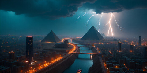 modern city with empty road and skyscrapers in the evening
