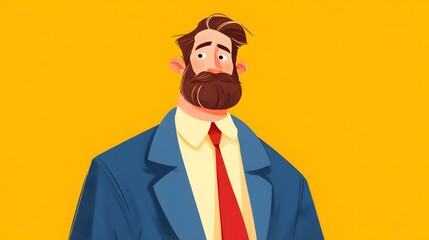 Bearded man in blue suit and red tie smiles broadly against yellow background.