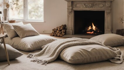 Cozy Living Room with Fireplace and Floor Cushions.