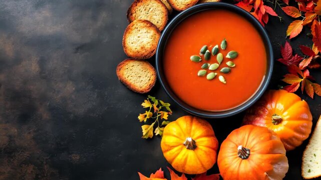 A warm bowl of creamy pumpkin soup garnished with seeds, surrounded by fresh bread and pumpkins. Perfect for autumn dining and cozy gatherings.